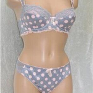 Floozie by Frost French Silvery Grey and Peach Polka Dot Satin Bra Set